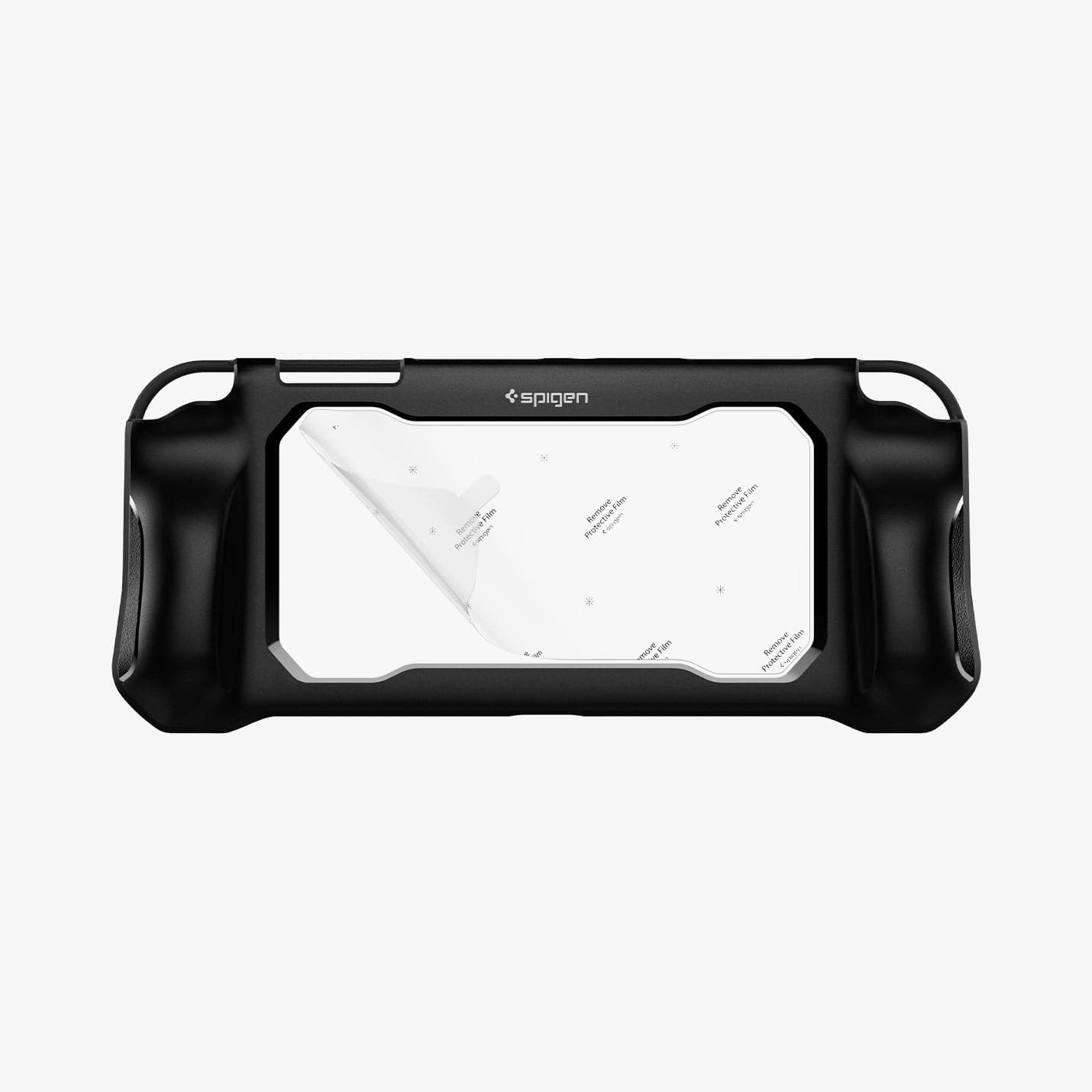 ACS04020 - Nintendo Switch OLED Case Rugged Armor in matte black showing the back with no device inside and protective film peeling off