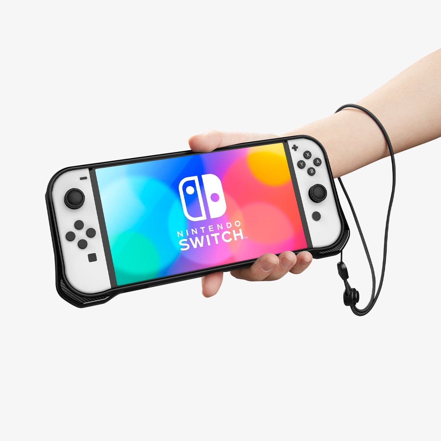ACS04020 - Nintendo Switch OLED Case Rugged Armor in matte black showing the device in someone's hand and strap around the wrist