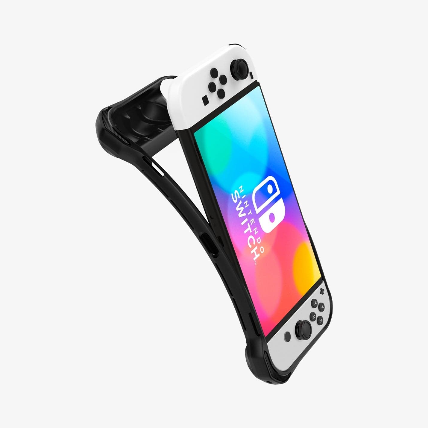 ACS04020 - Nintendo Switch OLED Case Rugged Armor in matte black showing the case bending away from device to show the flexibility