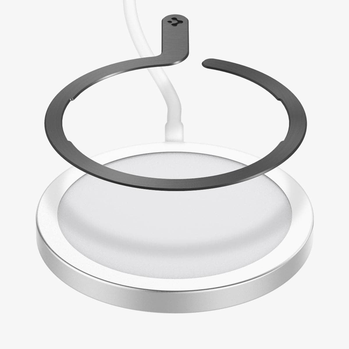 ACP03803 - OneTap MagSafe Metal Plate (MagFit) in matte black showing the magsafe metal plate hovering above a magsafe charger