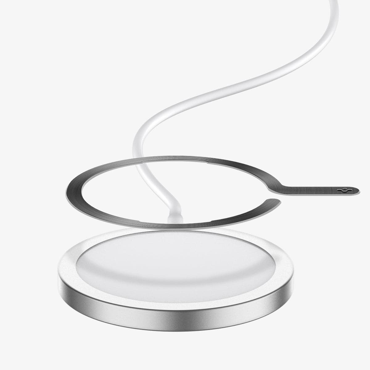 ACP03803 - OneTap MagSafe Metal Plate (MagFit) in matte black showing the magsafe metal plate hovering above a magsafe charger