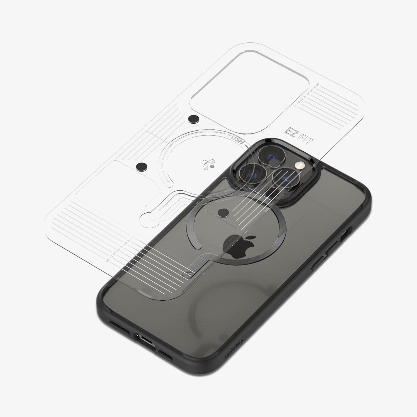 ACP03803 - OneTap MagSafe Metal Plate (MagFit) in matte black showing the ez fit tray and magsafe metal plate hovering above the back of a device