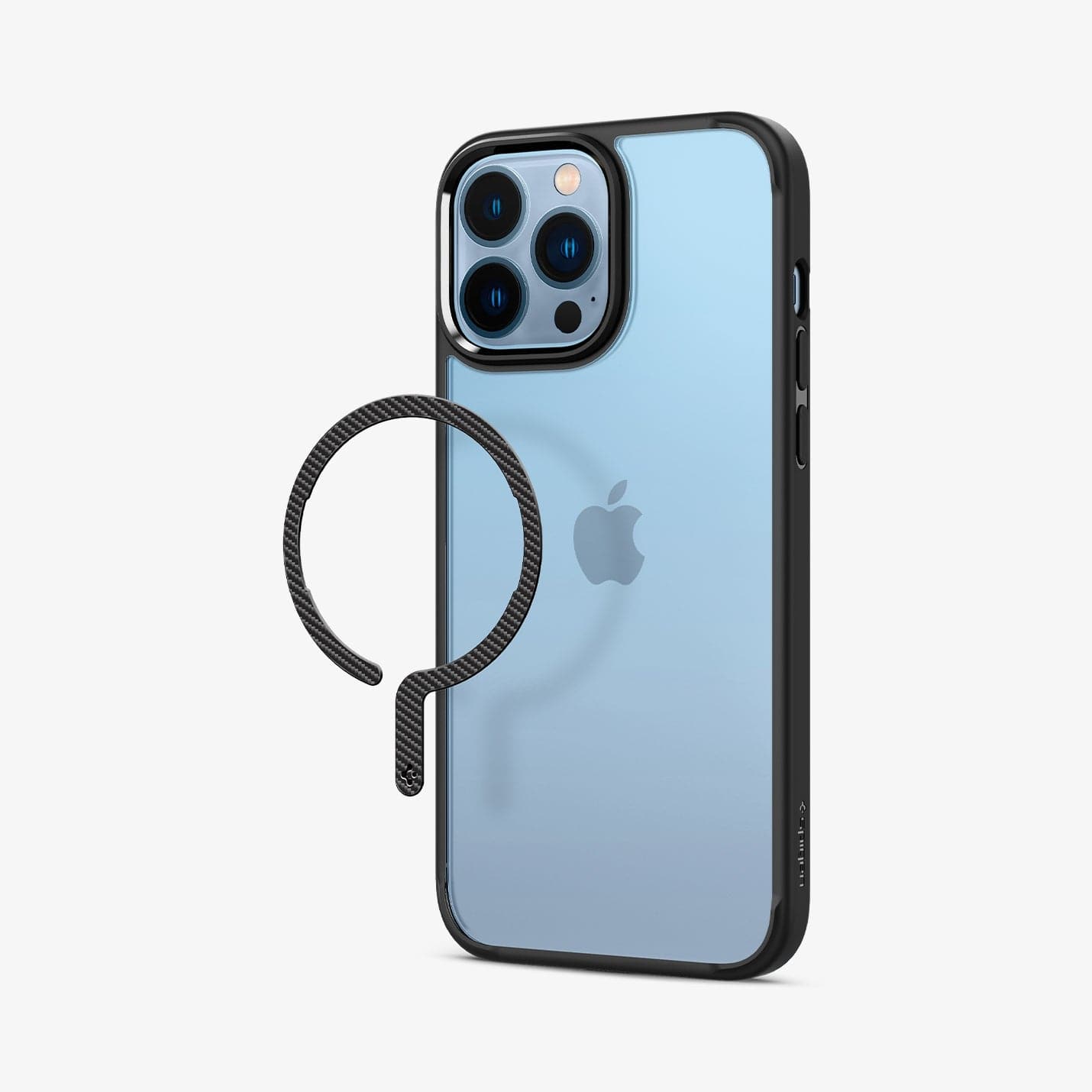 ACP03804 - OneTap MagSafe Metal Plate (MagFit) in carbon showing the magsafe metal plate hovering in front of the back of a device