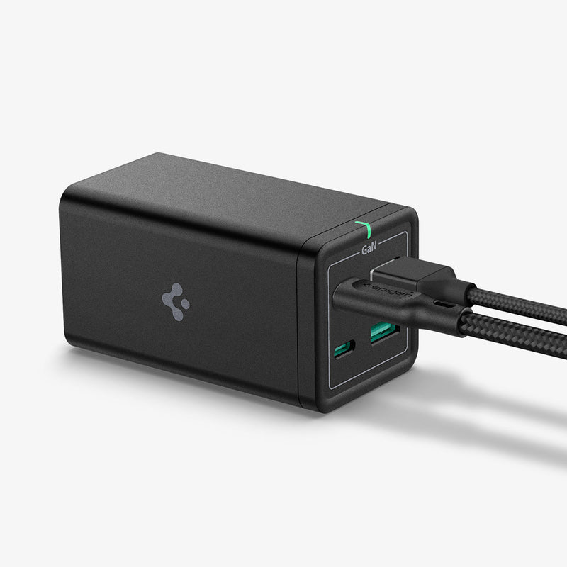 ACH03786 - Spigen ArcDock 120W Desktop Charger PD2100 in black showing the front and side with two charging cables plugged in