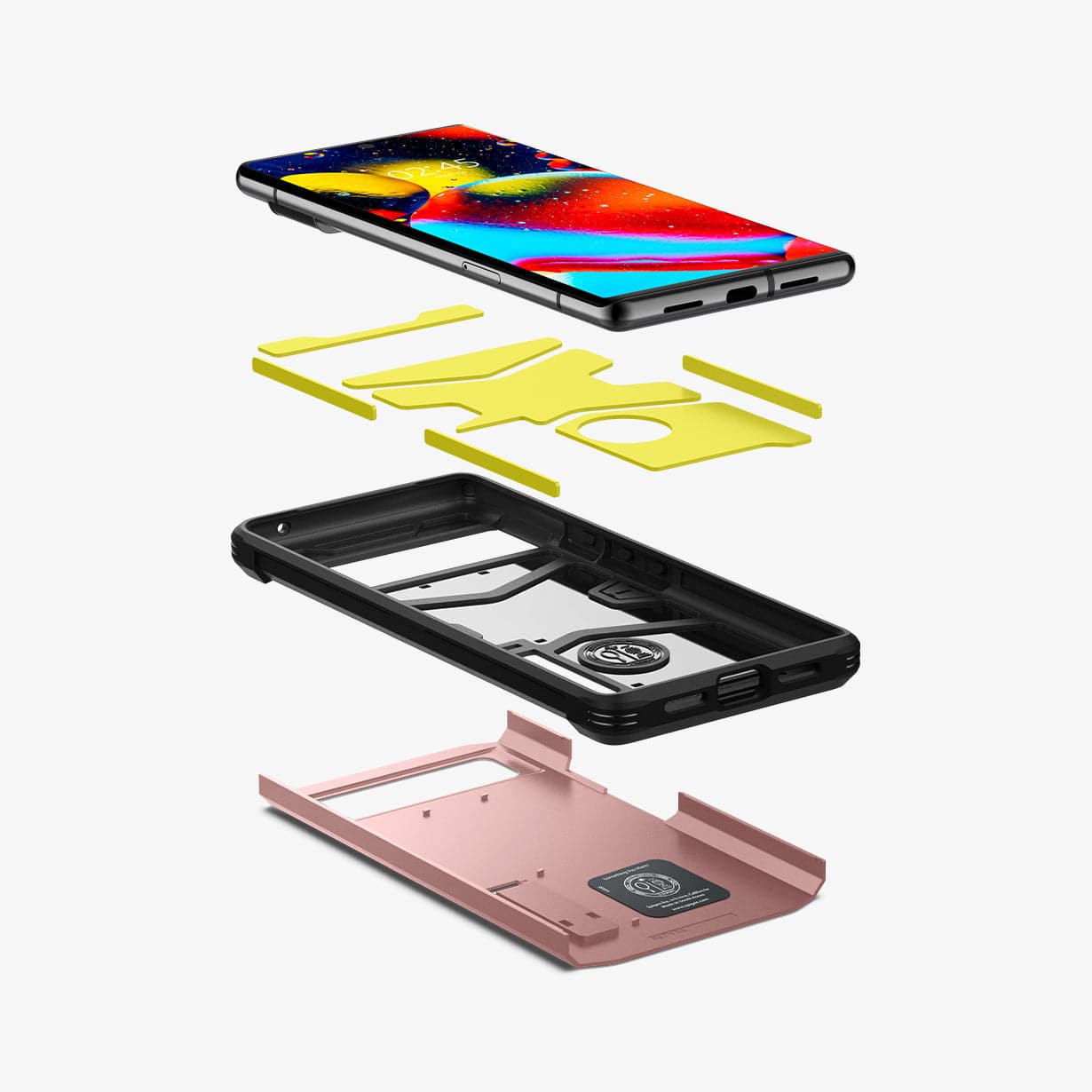 ACS03463 - Pixel 6 Pro Case Tough Armor in rose gold showing the hard pc, flexible tpu, impact foam and device