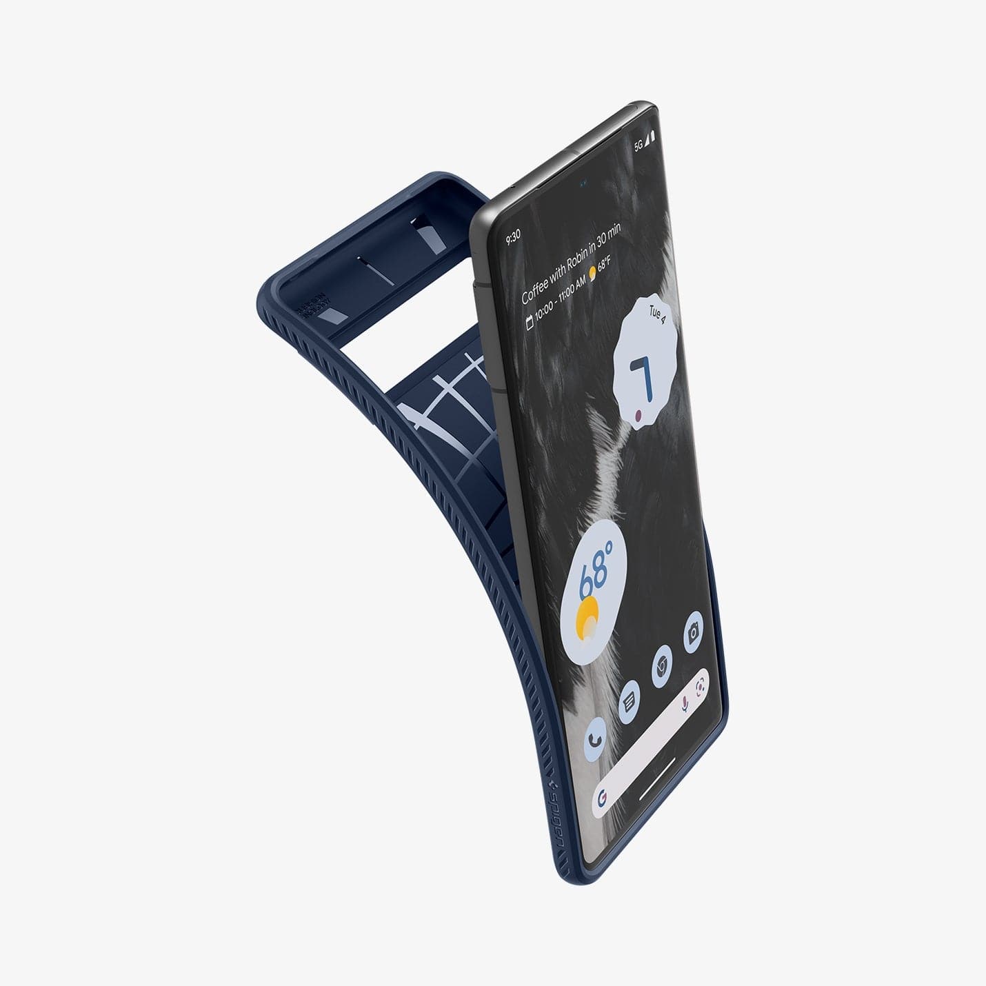 ACS04697 - Pixel 7 Case Liquid Air in navy blue showing the back bending away from device to show the flexibility