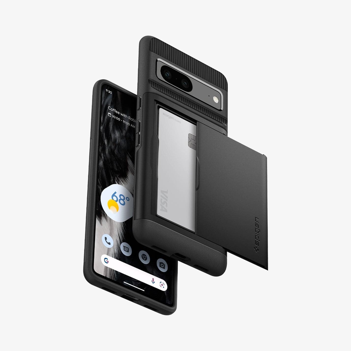 ACS04704 - Pixel 7 Case Slim Armor CS in black showing the back with card in slot, sides and front