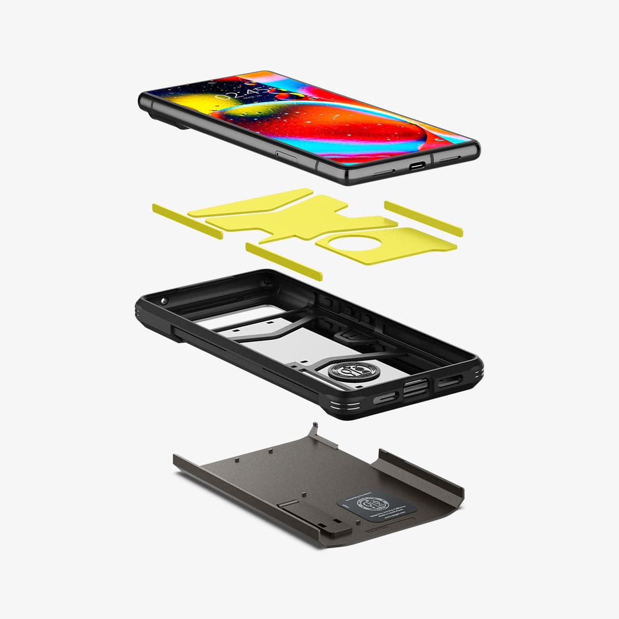 ACS03443 - Pixel 6 Case Tough Armor in gunmetal showing the hard pc, flexible tpu, impact foam and device