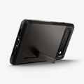ACS03443 - Pixel 6 Case Tough Armor in gunmetal showing the back and bottom with device propped up horizontally by built in kickstand