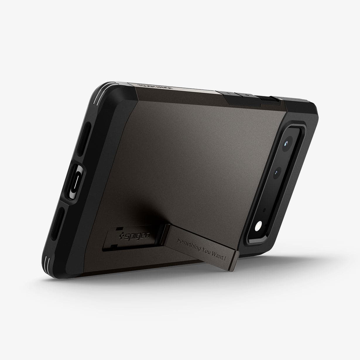 ACS03443 - Pixel 6 Case Tough Armor in gunmetal showing the back and bottom with device propped up horizontally by built in kickstand