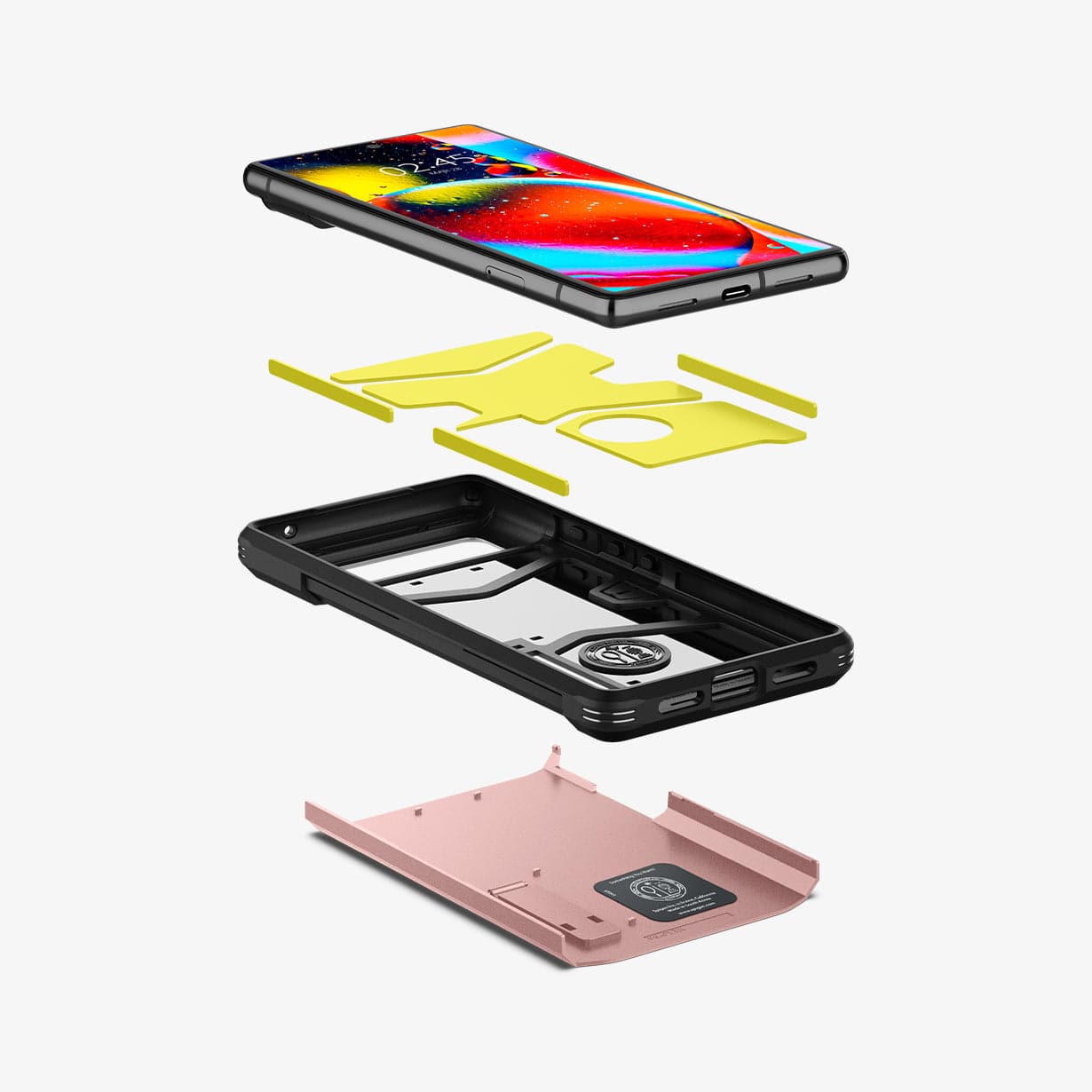ACS03444 - Pixel 6 Case Tough Armor in rose gold showing the hard pc, flexible tpu, impact foam and device