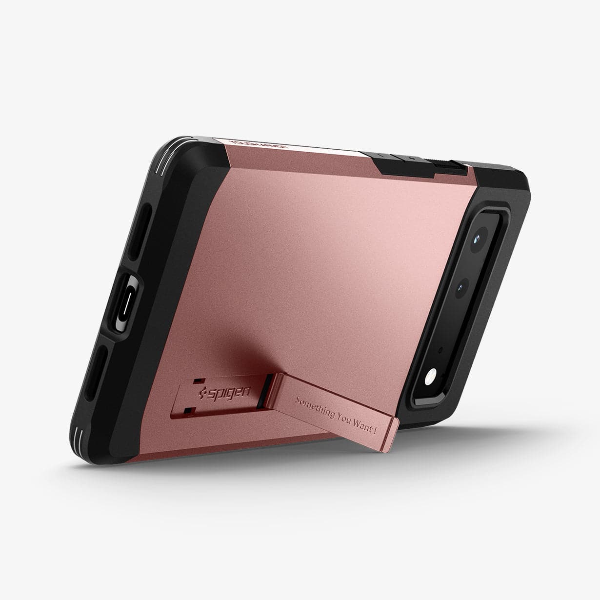 ACS03444 - Pixel 6 Case Tough Armor in rose gold showing the back and bottom with device propped up horizontally by built in kickstand