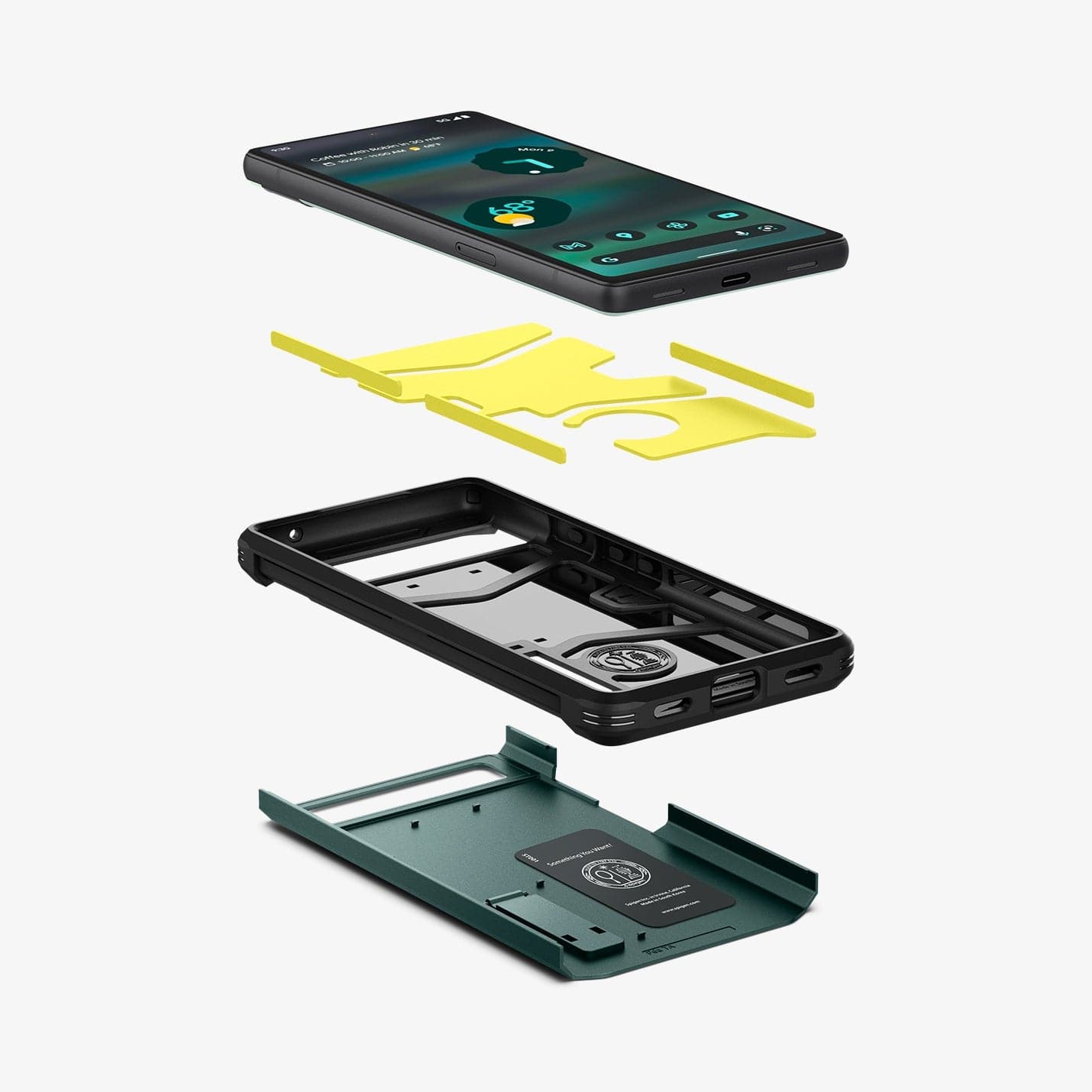 ACS04481 - Pixel 6a Case Tough Armor in midnight green showing the hard pc, flexible tpu, impact foam and device