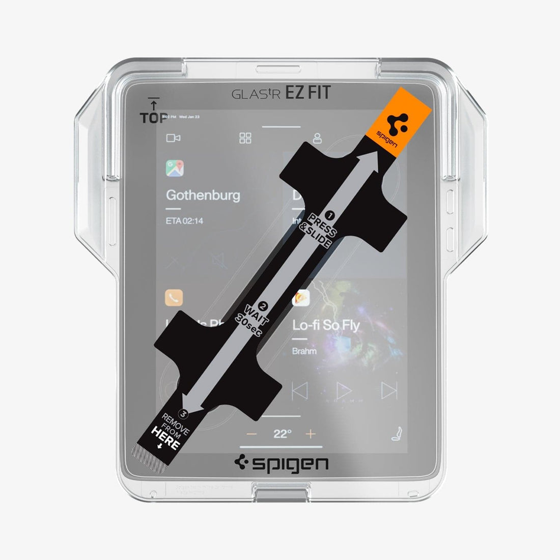 AGL04578 - Polestar 2 Screen Protector EZ FIT GLAS.tR Anti-Glare showing the touch screen display, screen protector, ez fit tray and packaging