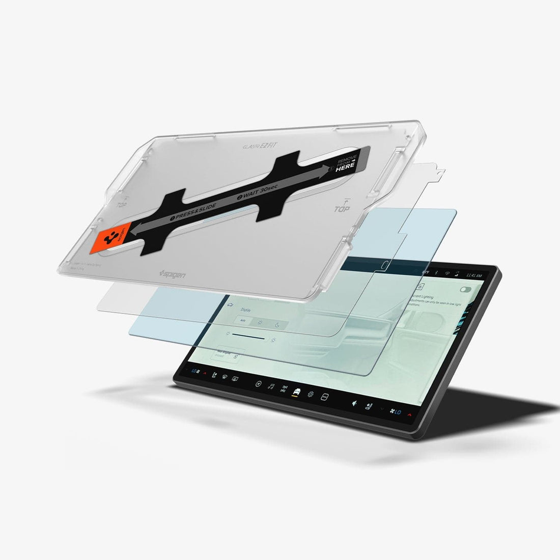 AGL04220 - Rivian R1T / R1S Screen Protector EZ FIT GLAS.tR Anti-Glare showing the touch screen display, screen protector, ez fit tray and packaging