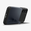 ACS05734 - Galaxy S23 Case Slim Armor in metal slate showing the back and bottom with device propped up by built in kickstand