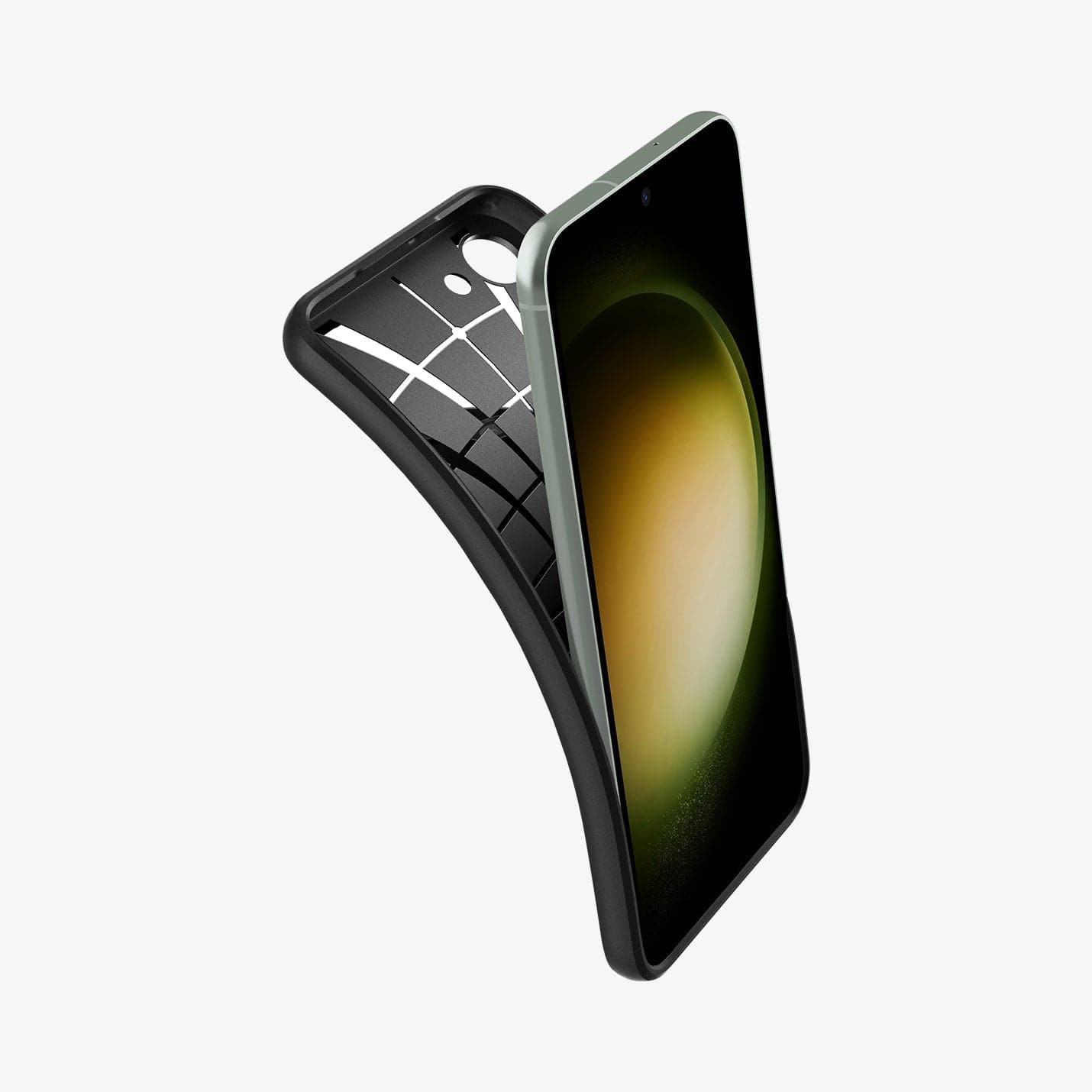 ACS05691 - Galaxy S23 Plus Case Core Armor in matte black showing the back bending away from device to show the flexibility