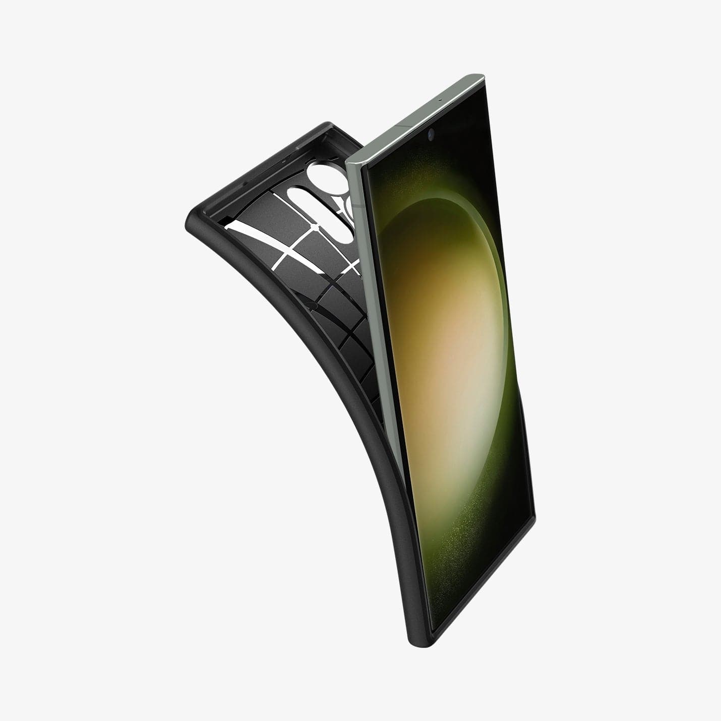 ACS05643 - Galaxy S23 Ultra Case Core Armor in matte black showing the back bending away from device to show the flexibility