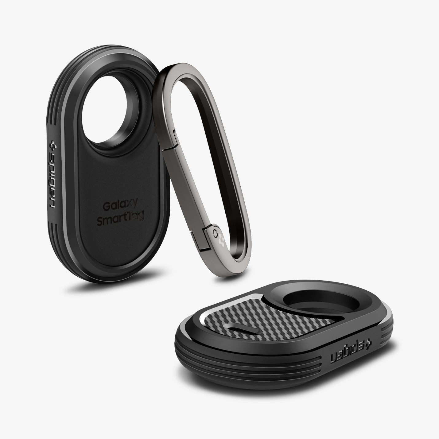 ACS06271 - Galaxy SmartTag 2 Case Rugged Armor in matte black showing the back, front and sides with carabiner