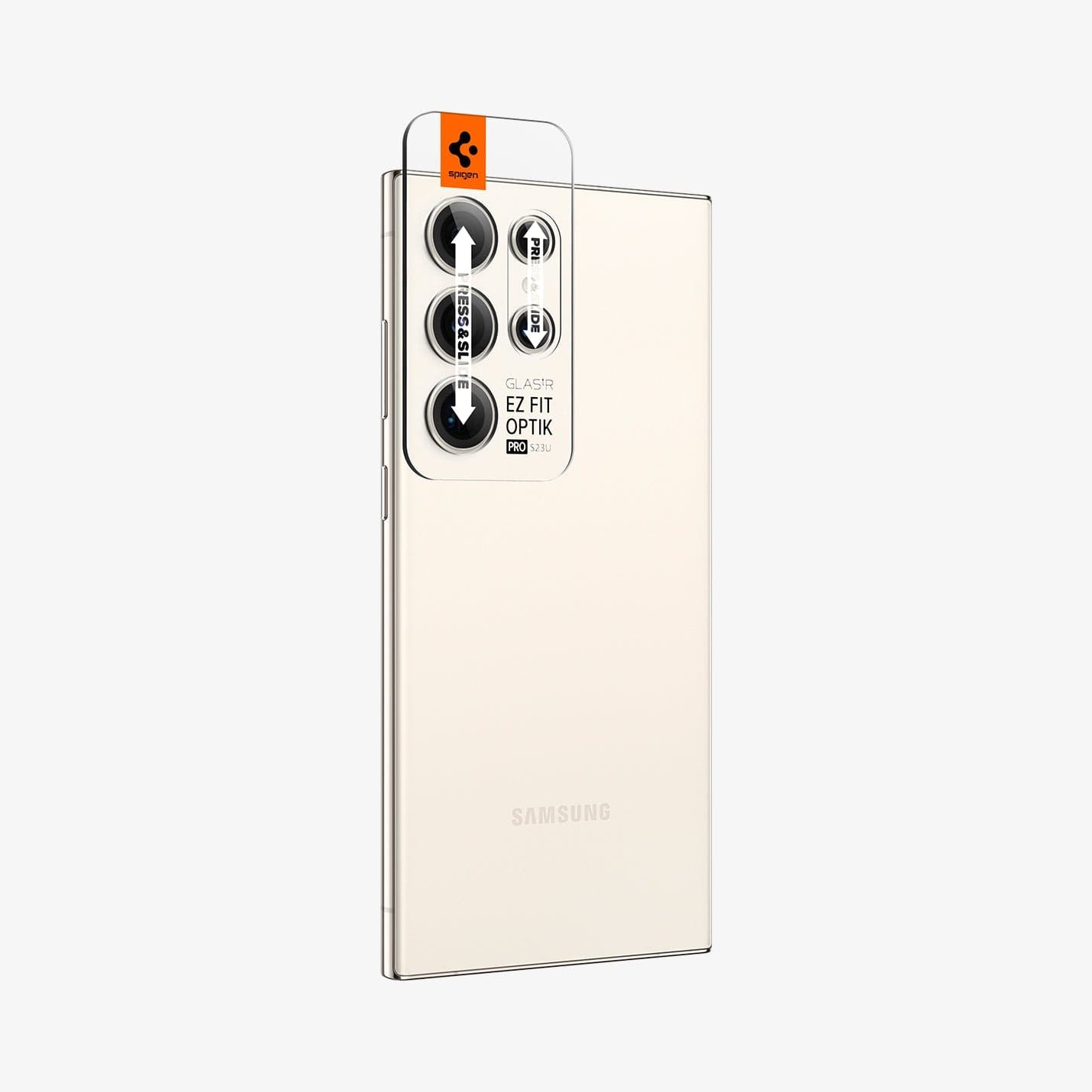 AGL06165 - Galaxy S23 Ultra EZ Fit Optik Pro Lens Protector in cream showing the ez fit tray on camera lens and back partial side view