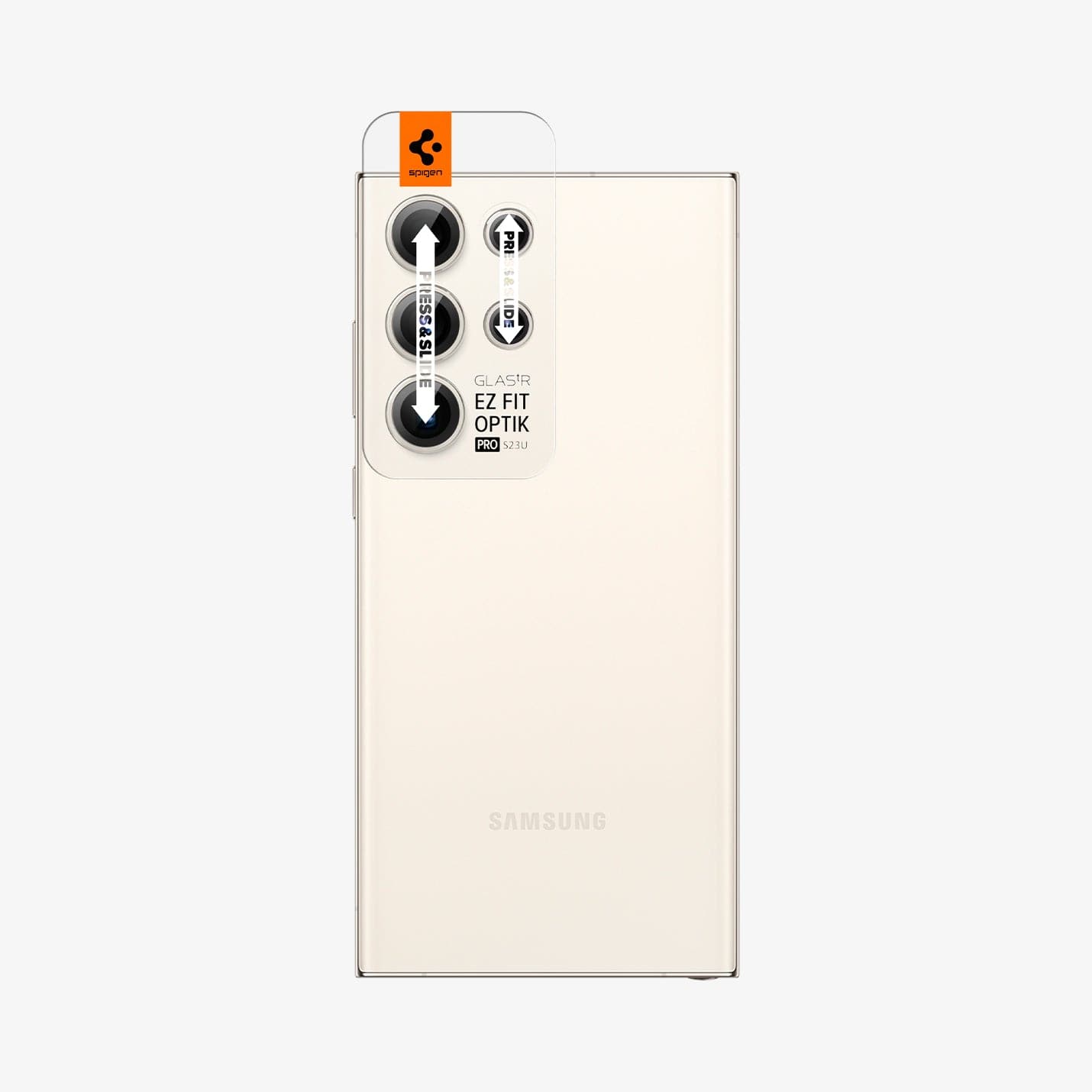 AGL06165 - Galaxy S23 Ultra EZ Fit Optik Pro Lens Protector in cream showing the ez fit tray on camera lens