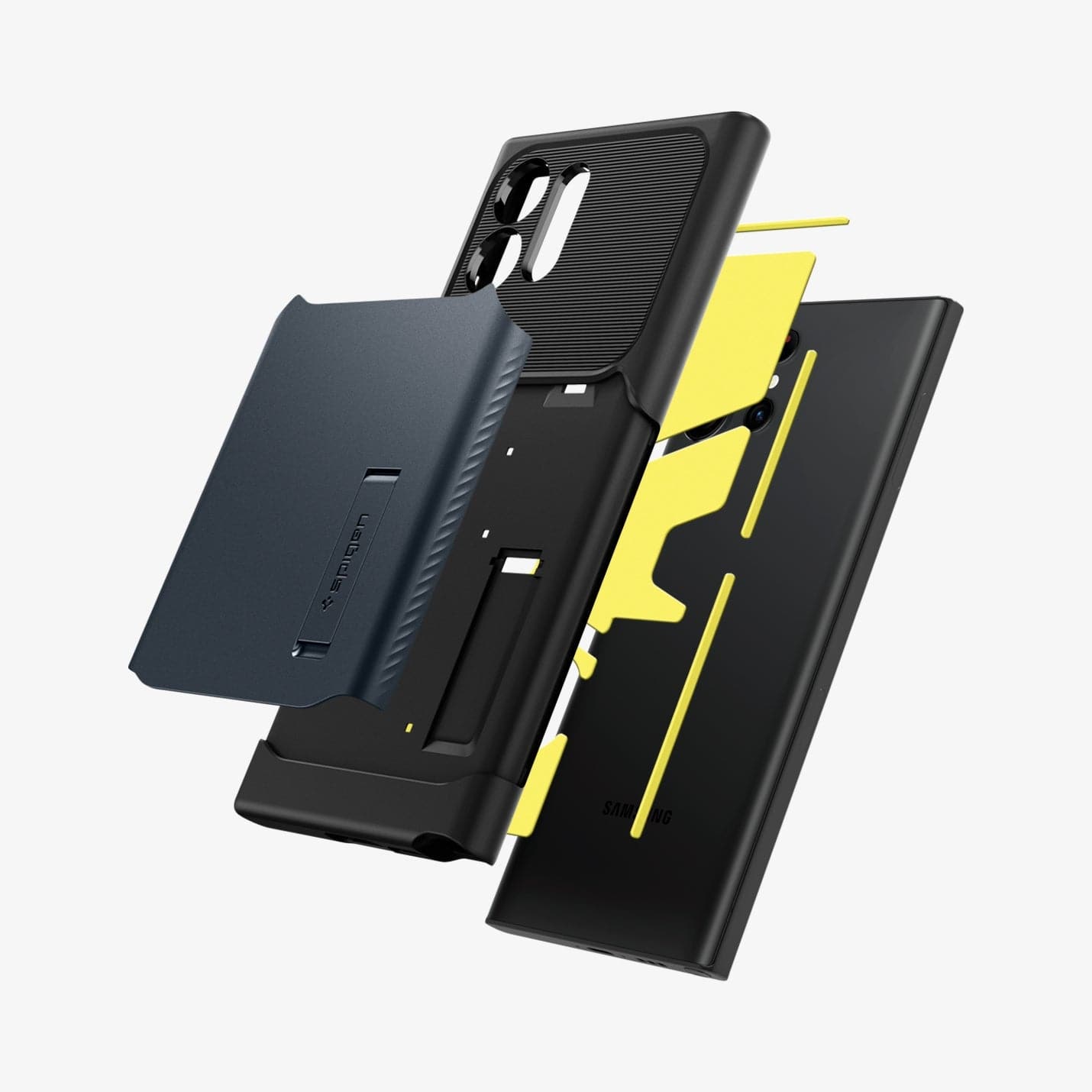 ACS05640 - Galaxy S23 Ultra Case Slim Armor in metal slate showing the multiple layers of case hovering behind device