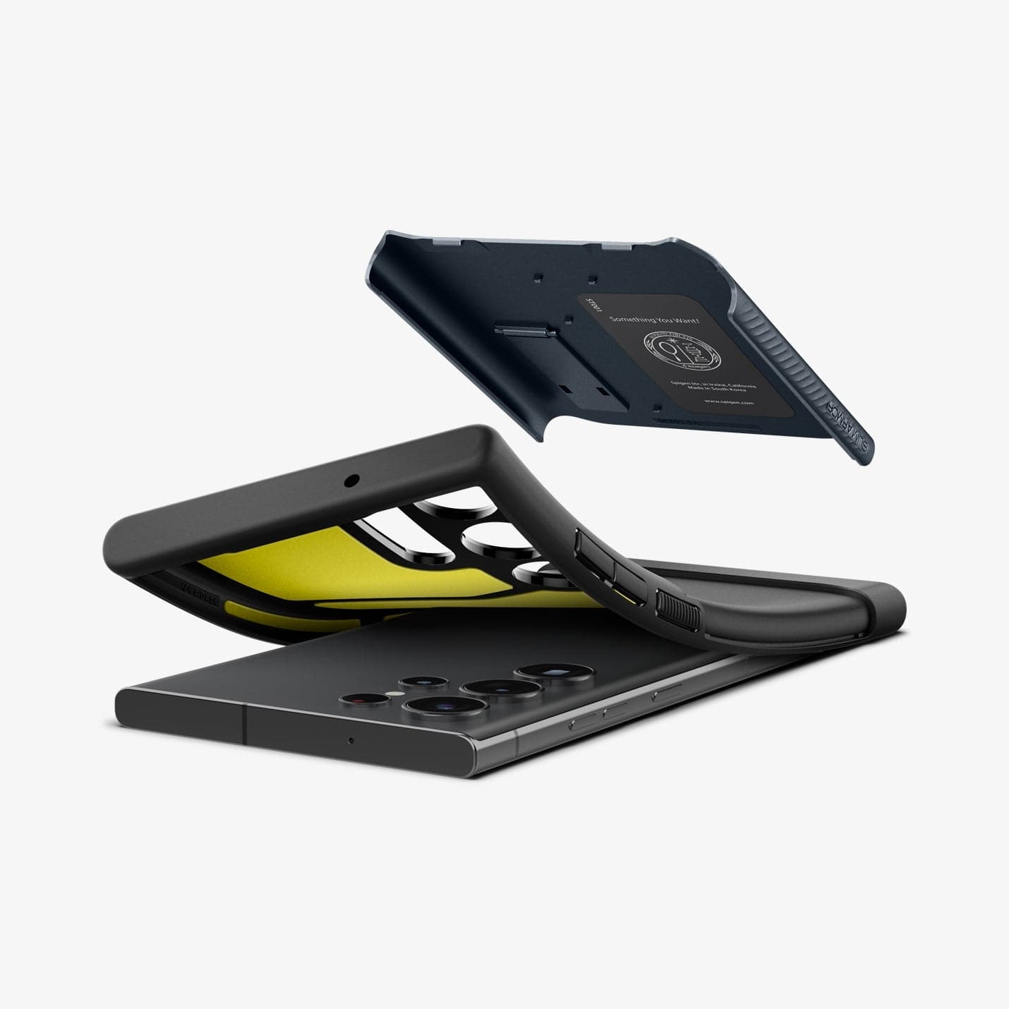 ACS05640 - Galaxy S23 Ultra Case Slim Armor in metal slate showing the back bending slightly away from device to show the flexibility and back layer hovering above