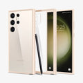 ACS06078 - Galaxy S23 Ultra Case Ultra Hybrid in sand beige showing the back, inside and front with s pen leaning against device