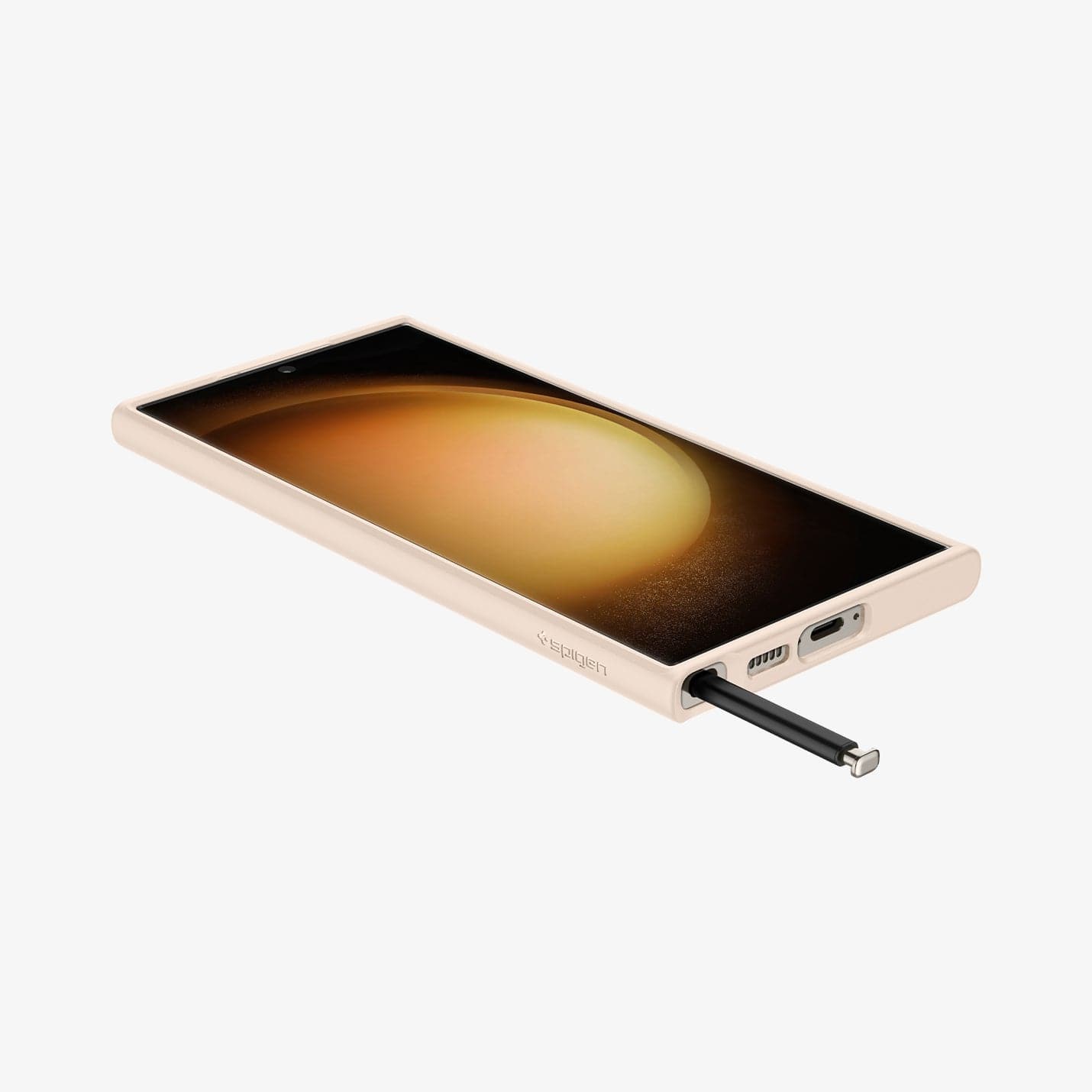 ACS06078 - Galaxy S23 Ultra Case Ultra Hybrid in sand beige showing the front, side and bottom with s pen sticking out of slot