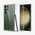 ACS05617 - Galaxy S23 Ultra Case Ultra Hybrid in crystal clear showing the back, inside and front with s pen leaning against device