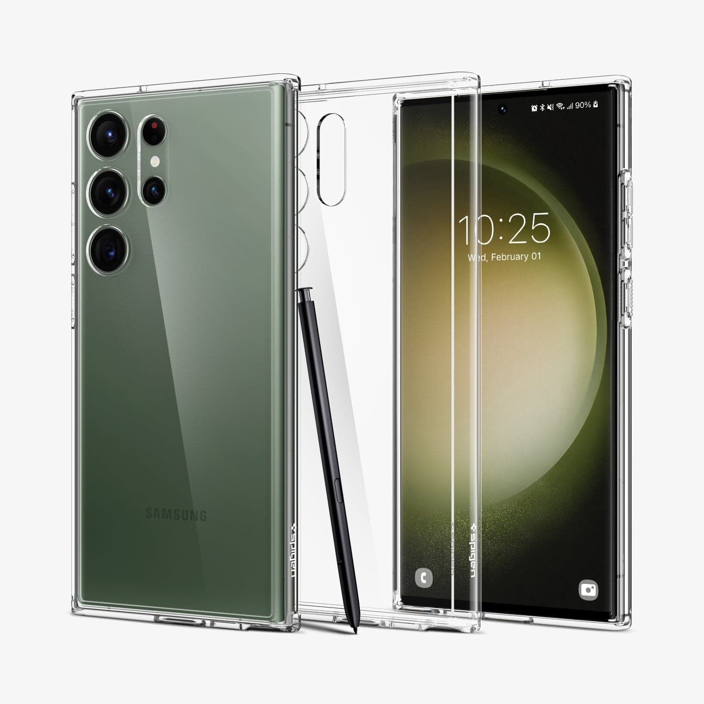 ACS05617 - Galaxy S23 Ultra Case Ultra Hybrid in crystal clear showing the back, inside and front with s pen leaning against device