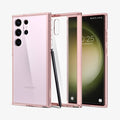 ACS06079 - Galaxy S23 Ultra Case Ultra Hybrid in rose crystal showing the back, inside and front with s pen leaning against device