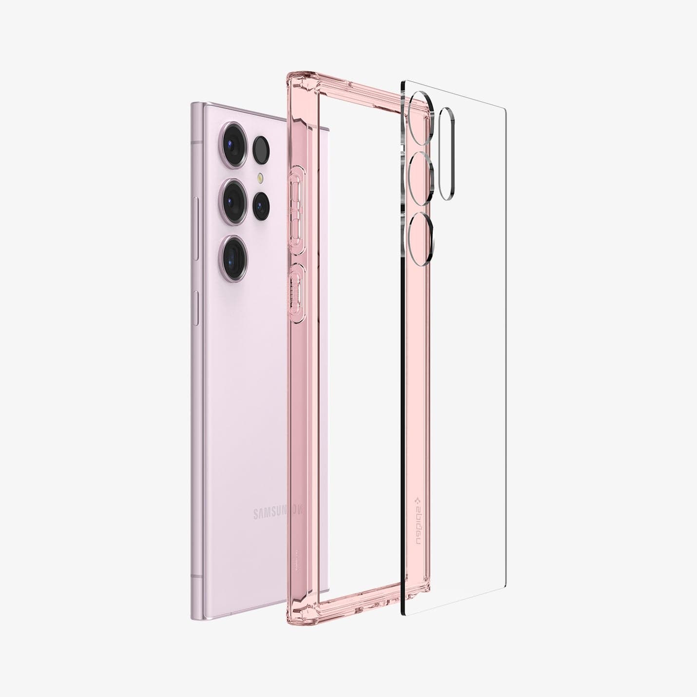 ACS06079 - Galaxy S23 Ultra Case Ultra Hybrid in rose crystal showing the multiple layers of case hovering away from device
