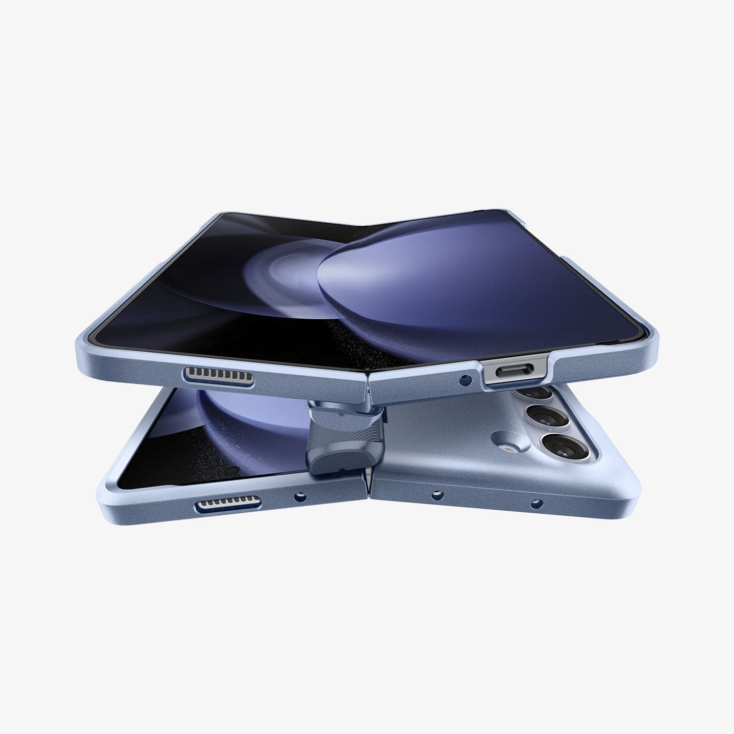 ACS06869 - Galaxy Z Fold 5 Case Slim Armor Pro in sierra blue showing the front with device fully open of one device hovering above another device