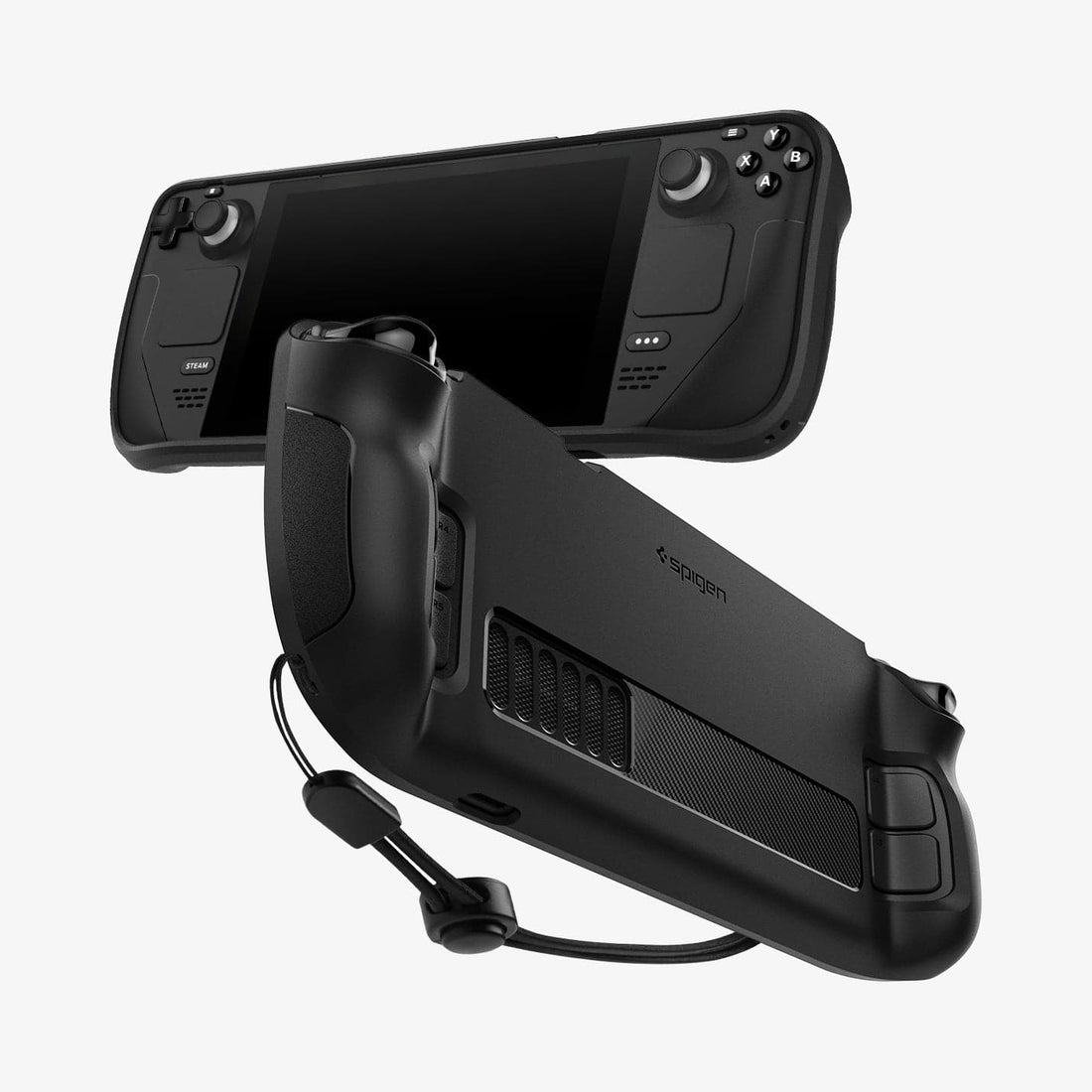 ACS03730 - Steam Deck Case Rugged Armor in matte black showing the back and front