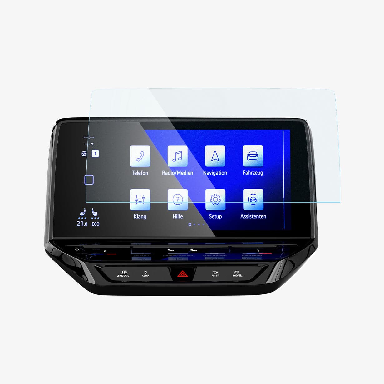 AGL04045 - Volkswagen ID.4 10" Screen Protector EZ FIT GLAS.tR Anti-Glare showing the front with screen protector hovering in front of display