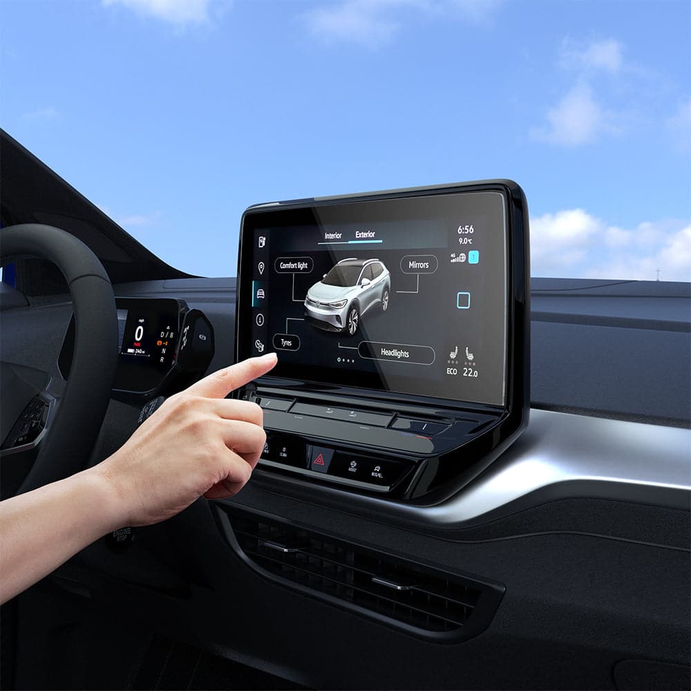 AGL04046 - Volkswagen ID.4 12" Screen Protector EZ FIT GLAS.tR Anti-Glare showing a hand reaching for display inside of car