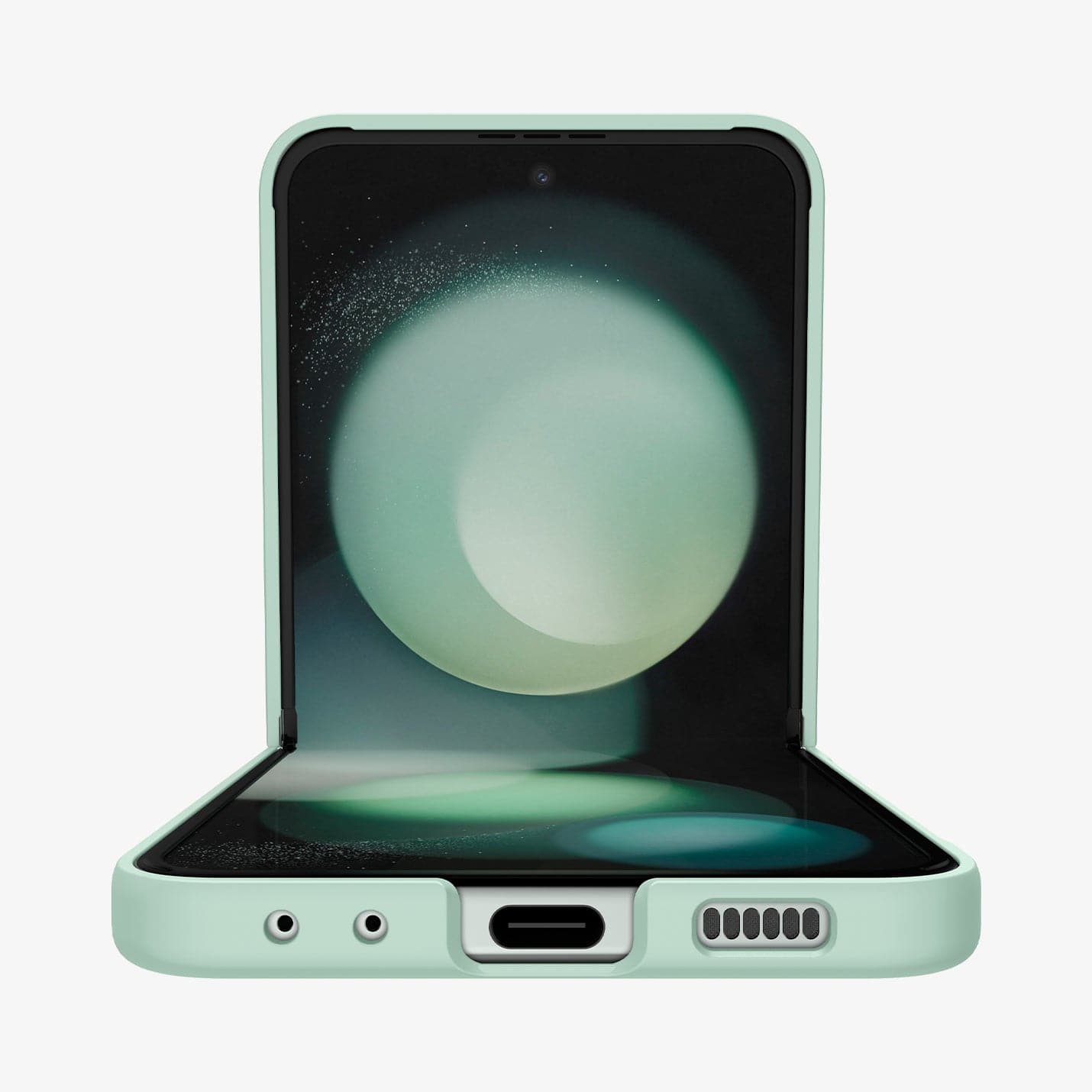 ACS06871 - Galaxy Z Flip 5 Case Air Skin in apple mint showing the front and bottom with device half open