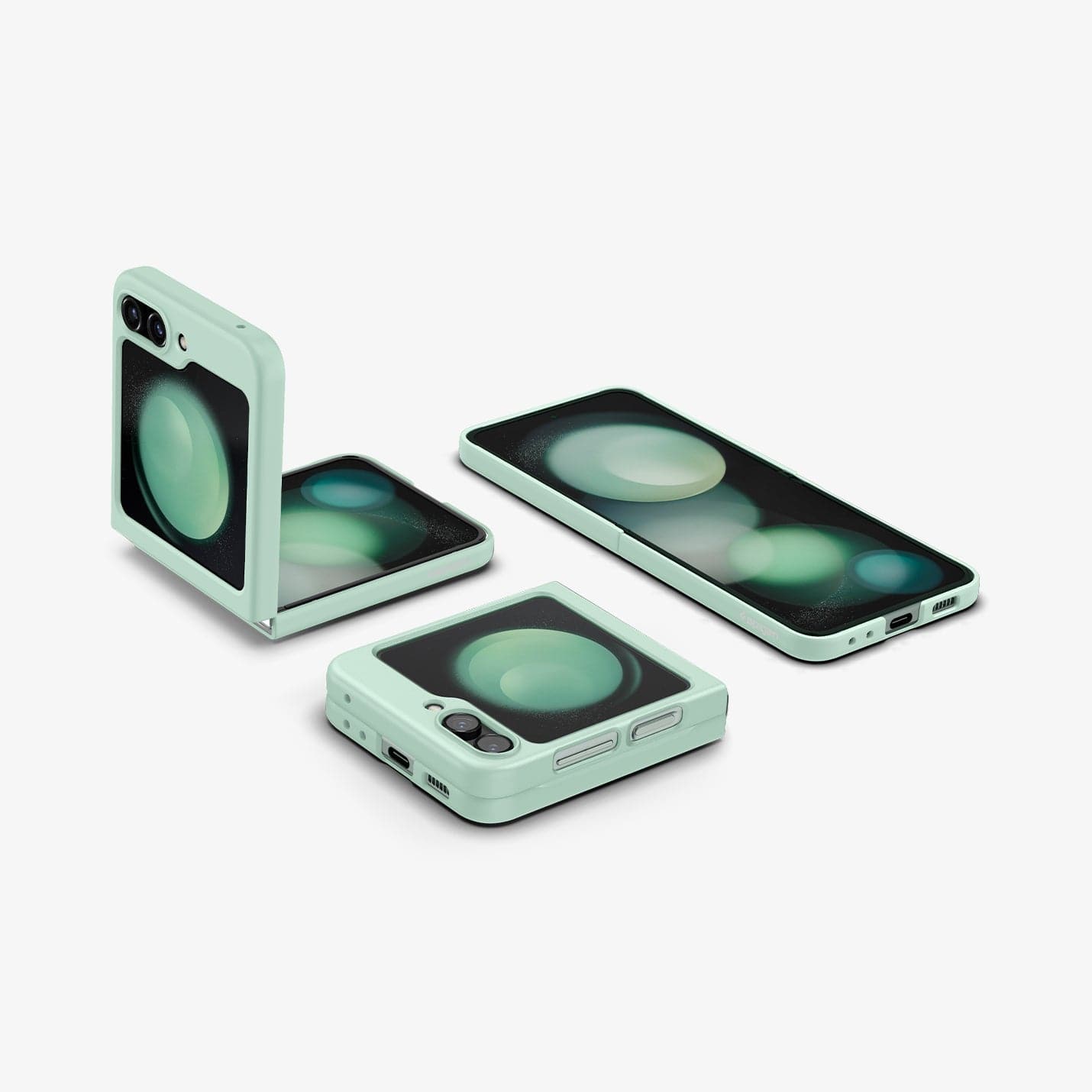 ACS06871 - Galaxy Z Flip 5 Case Air Skin in apple mint showing the back and front of multiple devices