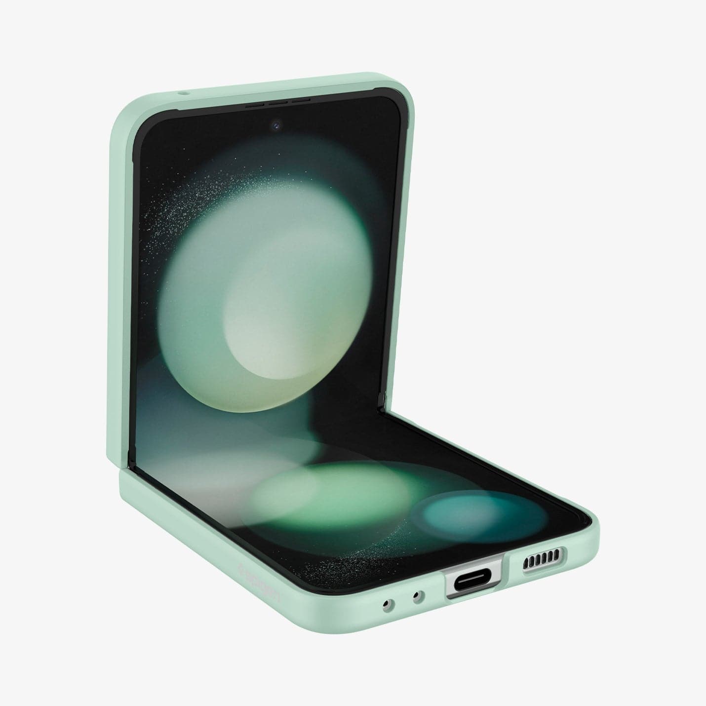 ACS06871 - Galaxy Z Flip 5 Case Air Skin in apple mint showing the front and side with device half open