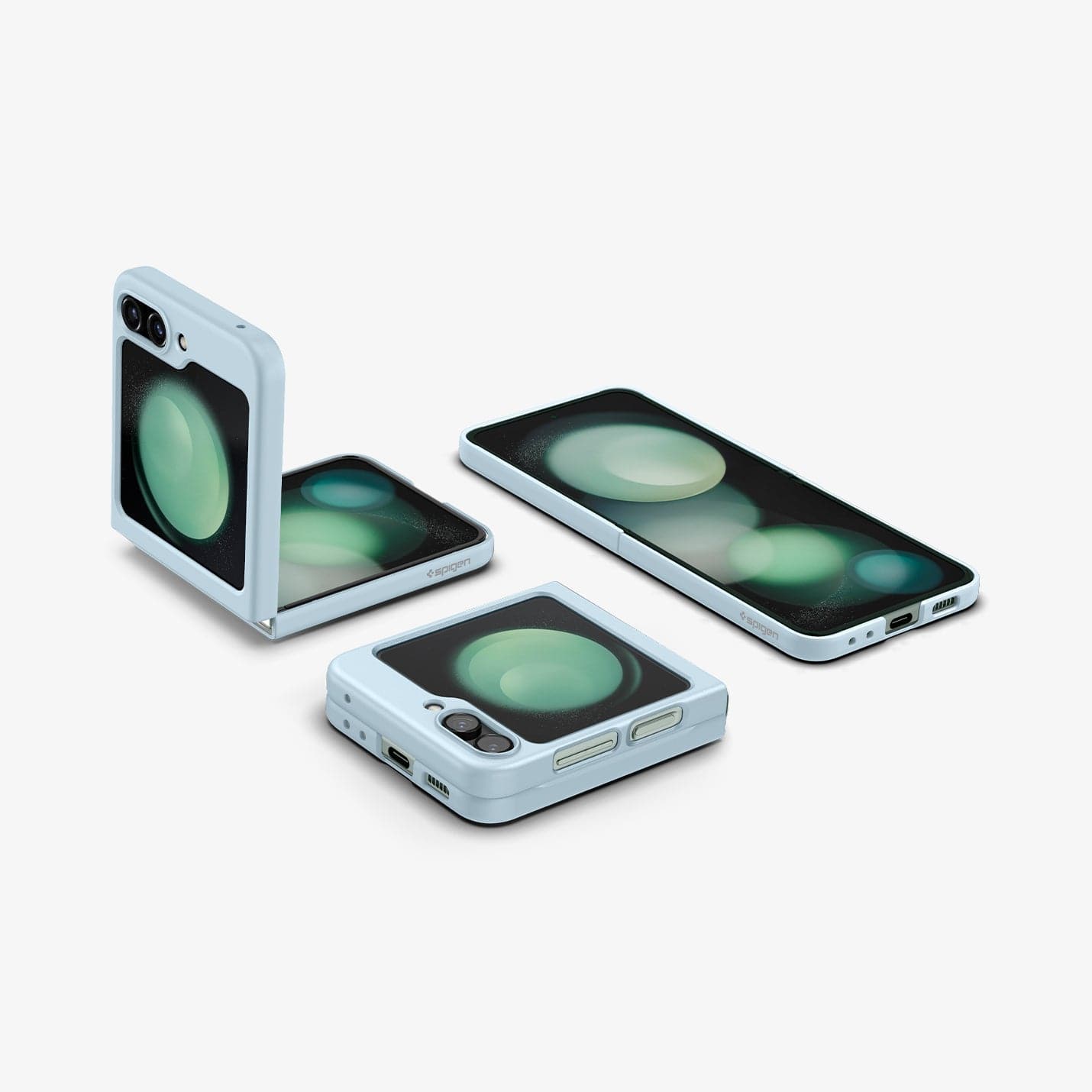 ACS06233 - Galaxy Z Flip 5 Case AirSkin in mute blue showing the back and front with multiple devices