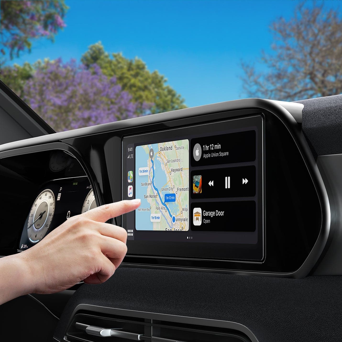 AGL06867 - Hyundai Palisade 12.3" Screen Protector GLAS.tR SLIM Anti-Glare showing a hand reaching towards the display inside of car