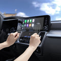 AGL04580 - Hyundai Tucson Screen Protector GLAS.tR SLIM Anti-Glare showing hands installing screen protector onto display inside of car