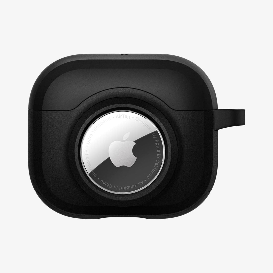 ACS03167 - Apple AirPods Pro Case Tag Armor Duo in black showing the front, side, AirTag in slot and carabiner