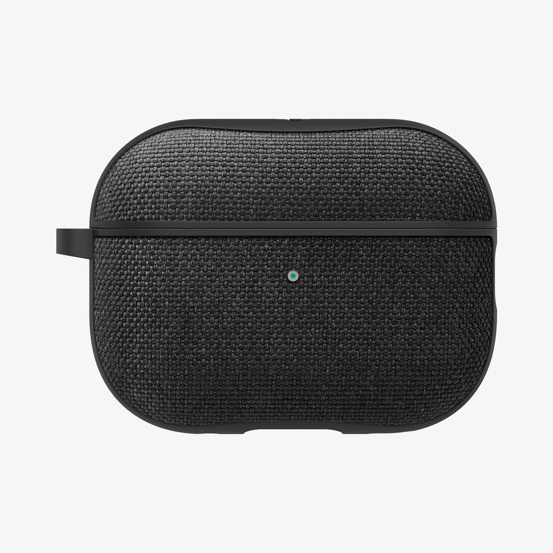 ASD00572 - Apple AirPods Pro Case Urban Fit in black showing the front, partial side and carabiner