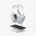 AMP02817 - Apple Airpods Max MagFit Stand in silver showing the front and side holding an Airpods Max and charging iPhone