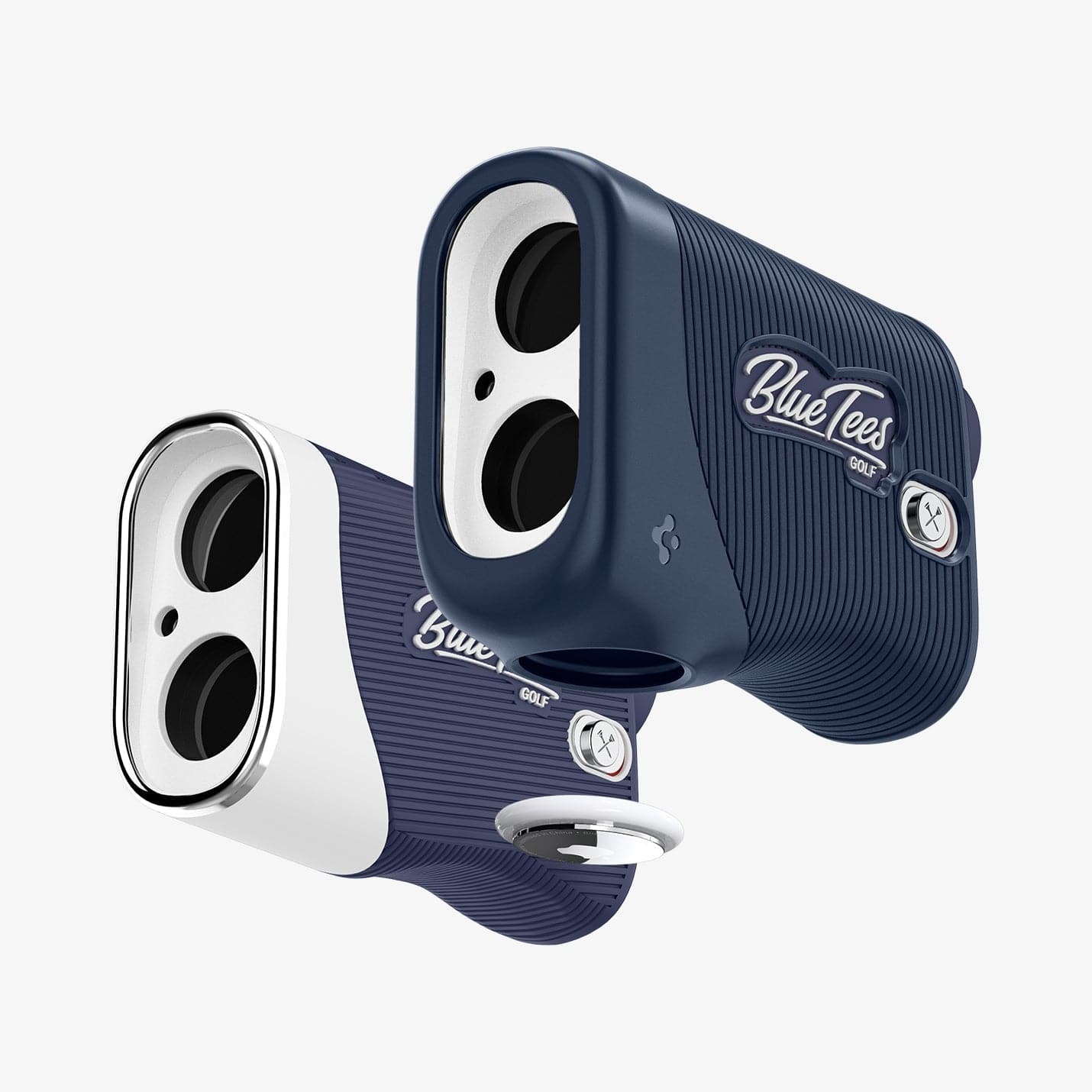 ACS04801 - Blue Tees Golf Series 3 Max Rangefinder AirTag Case Silicone Fit in navy blue showing the front, back and airtag hovering below the slot
