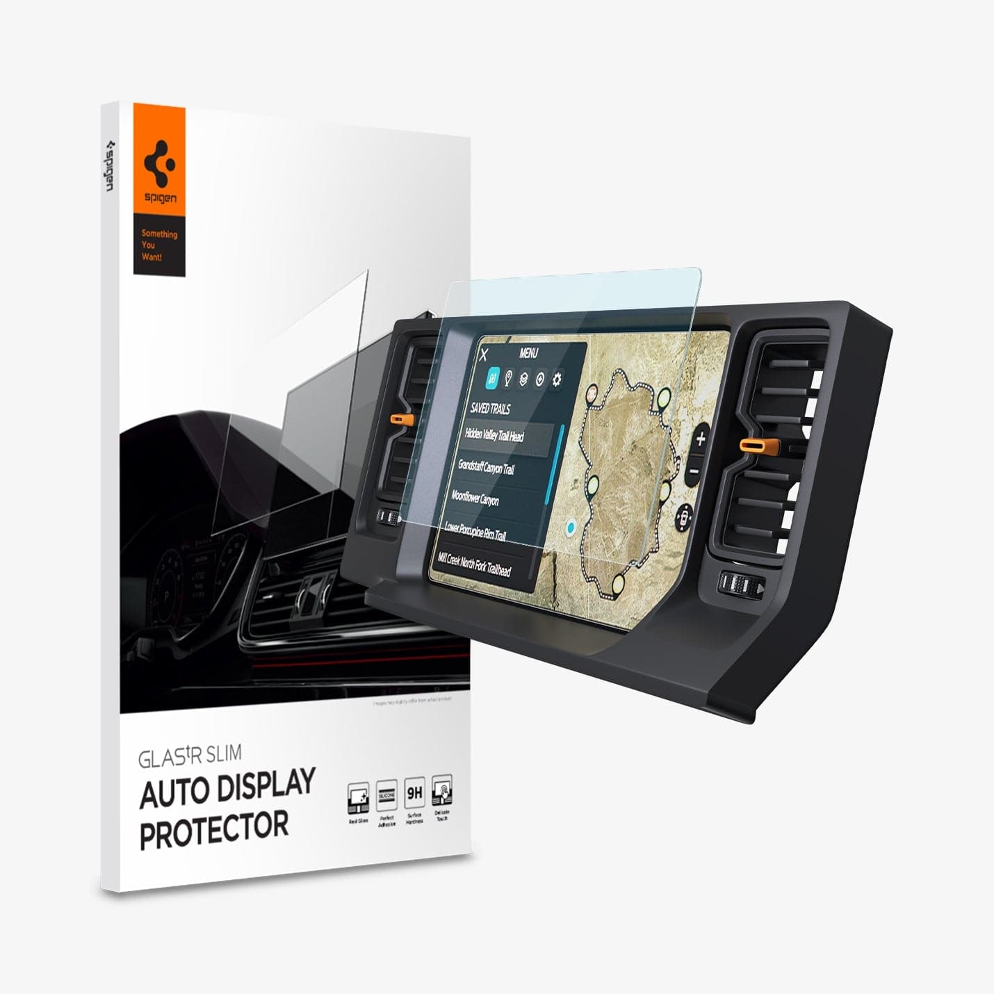 AGL04570 - Ford Bronco 12" Screen Protector GLAS.tR SLIM Anti-Glare showing the touch screen display, screen protector and packaging