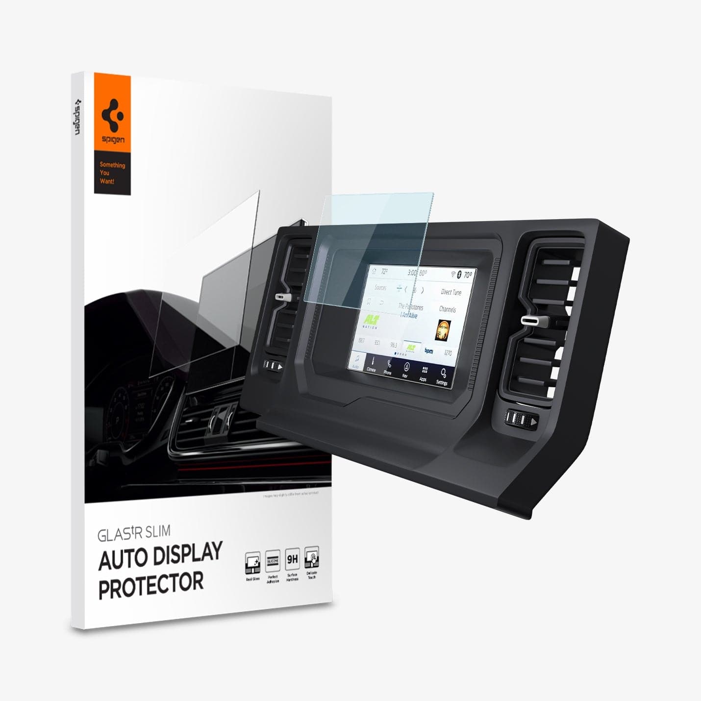 AGL04569 - Ford Bronco 8" Screen Protector GLAS.tR SLIM Anti-Glare showing the touch screen display, screen protector and packaging