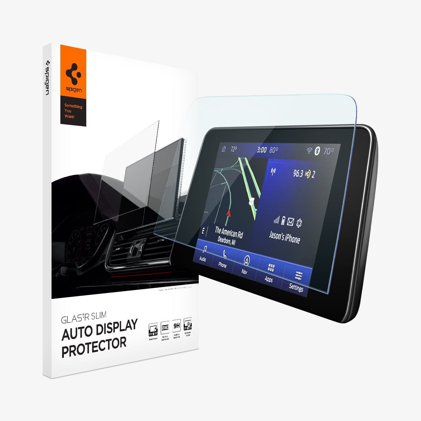 AGL05557 - Ford Escape 8" Screen Protector GLAS.tR SLIM Anti-Glare showing the touch screen display, screen protector and packaging